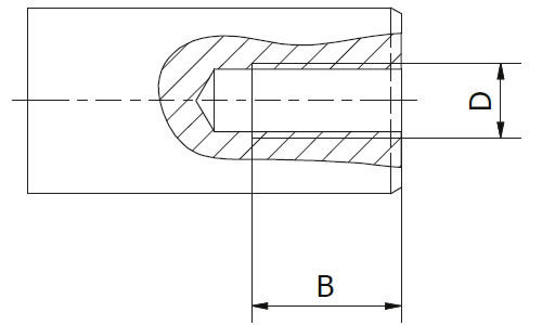 Technische Zeichnung eines Wellenendes mit Innengewinde, Darstellung der Maße B und D im Querschnitt