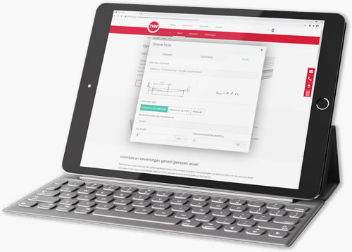 Tablet mit Tastatur zeigt THN-Produktfinder auf dem Bildschirm – Online-Tool zur Auswahl technischer Komponenten