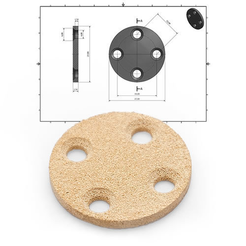 Runder Sinterfilter aus Bronze mit vier Bohrungen, darunter technische Zeichnung mit Maßangaben und Querschnittsansicht