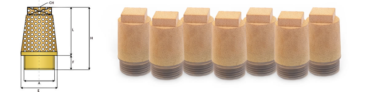 VBN-Sinterfilter aus Bronze mit eckigem Kopf. Mit technische Schnittzeichnung mit Maßangaben und porösem Filterkörper