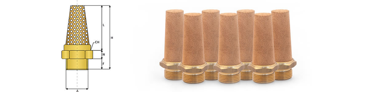 Konische ZBL-Sinterfilter aus Bronze mit Gewinde. Rechts als Produktfoto in Reihe, links technische Zeichnung mit Maßangaben im Querschnitt