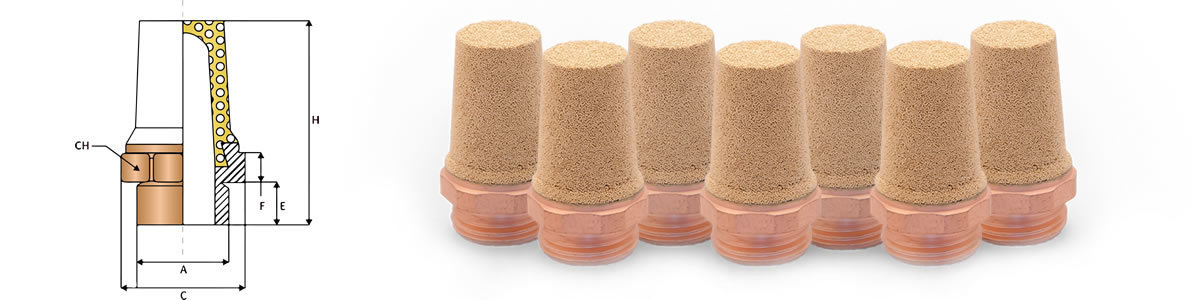 ZBR-Sinterfilter aus Bronze mit Gewinde. Rechts als Produktreihe, links technische Schnittzeichnung mit Maßangaben und Einbausituation