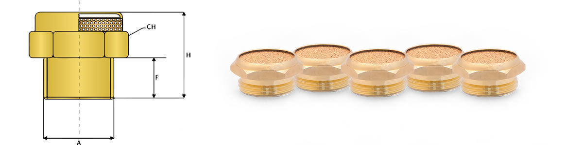 Flache ZBV-Sinterfilter aus Bronze mit Außengewinde. Rechts als Produktfoto, links technische Zeichnung mit Maßangaben im Querschnitt