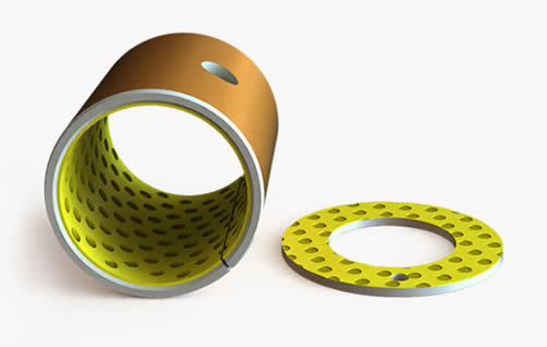 Cylindrical POM plain bearing with yellow, perforated inner side and separate ring