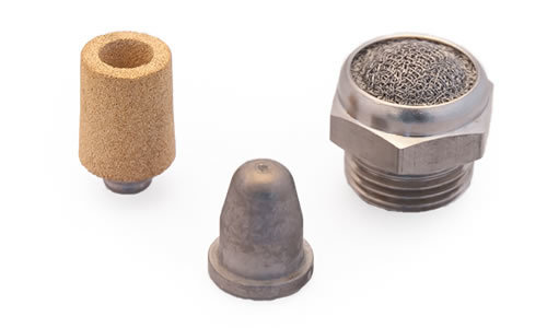 Three custom sintered filters made of bronze, stainless steel, and titanium in various shapes and sizes.