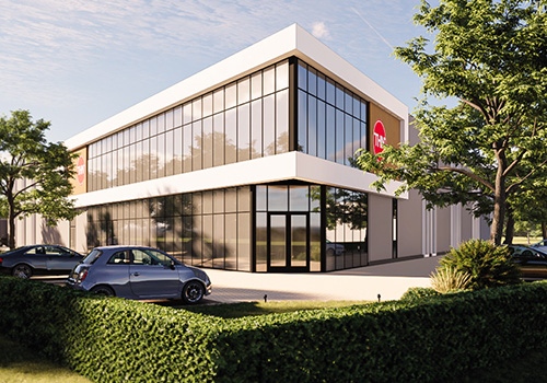 3D-impressie van het nieuwe THN-bedrijfspand met glazen gevel en parkeerplaatsen