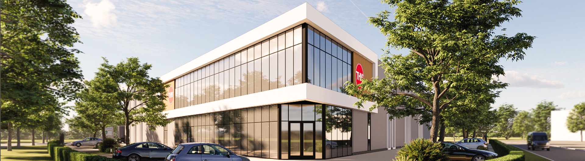Mockup Modern office building with large glass facade and THN logo, surrounded by trees and parked cars