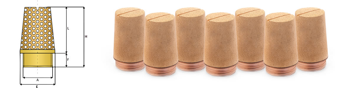 SBN sinterfilters met afmetingen en filterdoorsnede