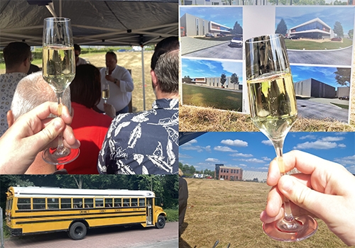 Collage met champagne, presentatieschermen en gele schoolbus